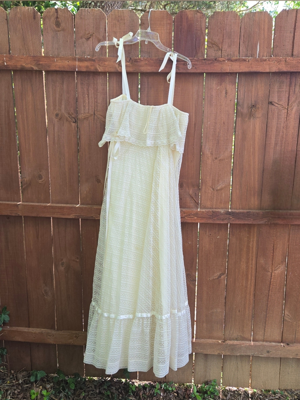 Vintage 70s Cream Lace Empire Waist Ribbon Tie Straps Wedding Dress, SIZE XS/S